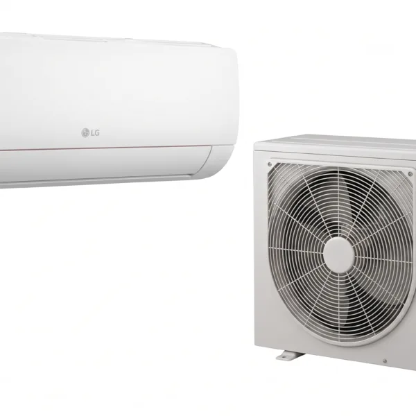An e-commerce product photograph showing the LG 1.5HP Dual Inverter Split Air Conditioner indoor wall-mounted unit positioned above the outdoor condenser unit on a clean white background.