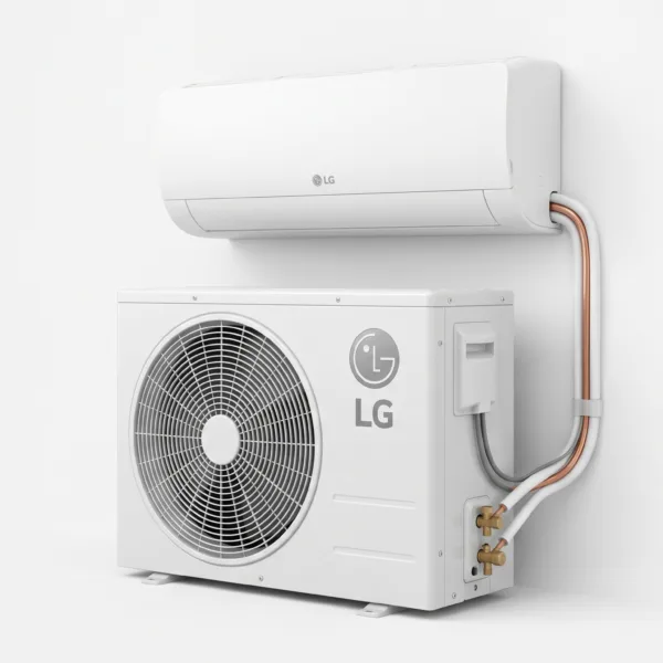 An e-commerce product photograph showing the LG 2.0HP Dual Inverter Split Air Conditioner indoor wall-mounted unit positioned above the outdoor condenser unit on a clean white background.