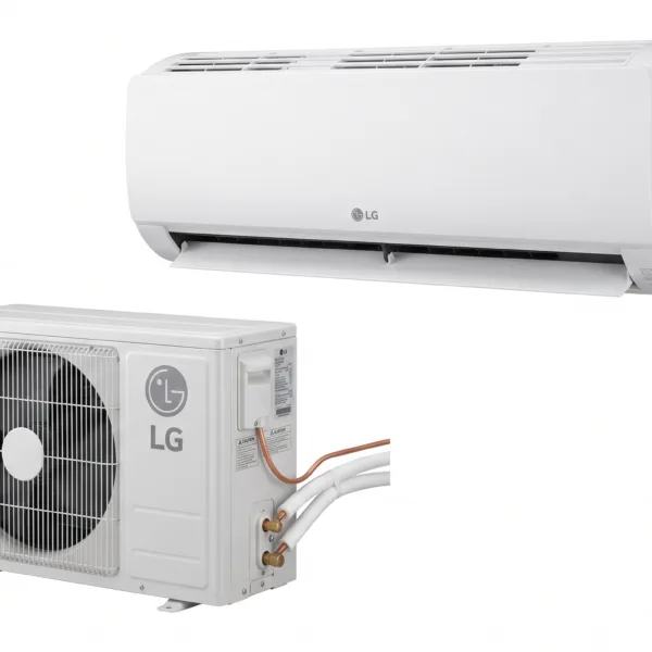 A clean professional product photograph showing the LG 2.0HP Standard ON/OFF split air conditioner high-wall indoor unit positioned above the robust outdoor condenser unit, connected by copper tubing and electrical wiring, on a neutral background.