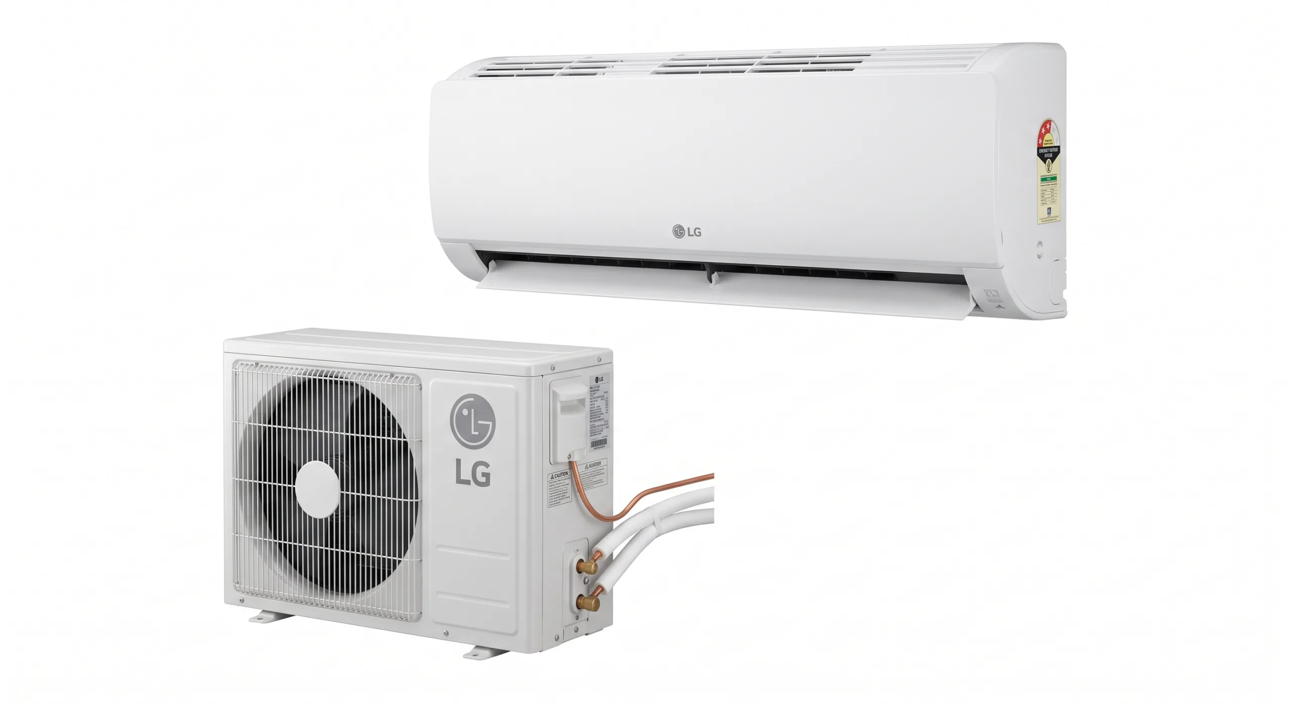 LG 2.0HP Standard Split AC (ONOFF) – Built-In LVSHVS Protection A clean professional product photograph showing the LG 2.0HP Standard ON/OFF split air conditioner high-wall indoor unit positioned above the robust outdoor condenser unit, connected by copper tubing and electrical wiring, on a neutral background.