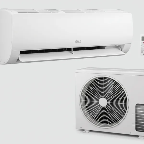 A professional e-commerce product photograph showing the LG 2.0HP Standard Split Air Conditioner indoor wall unit above the outdoor condenser unit, including the remote control and a detailed internal view of the copper condenser coils.