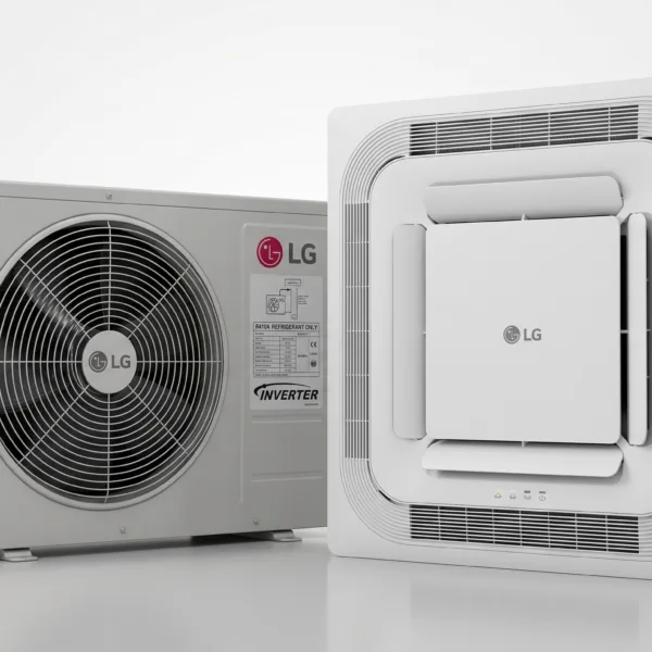 LG 2.5HP Inverter 4-Way Ceiling Cassette indoor panel displayed next to outdoor condensing unit with Gold Fin coil on a clean neutral background