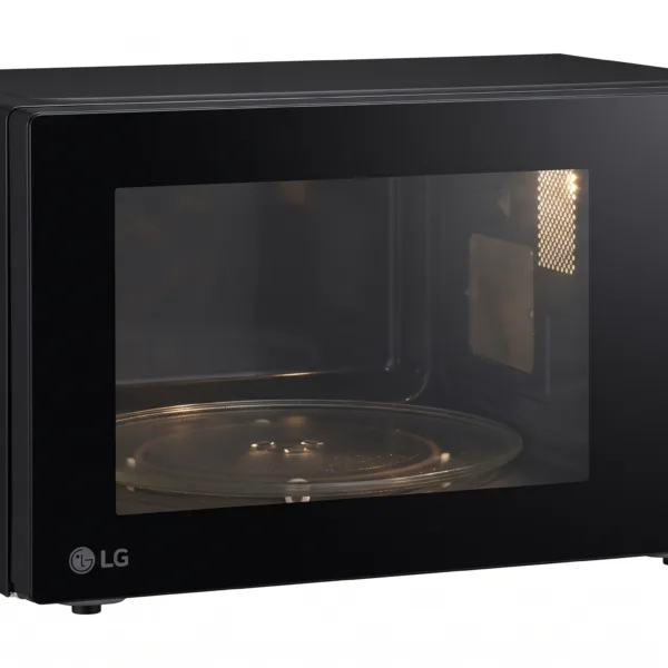 The generated product image shows the front and three-quarter view of the black LG 30L Solo Microwave with its minimalist glass touch control panel and illuminated internal lamp, freestanding on a clean white background.
