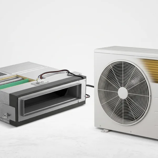 LG Ceiling Concealed 2HP Ducted Air Conditioner indoor unit and outdoor condenser on a clean studio background. The outdoor unit features a Gold Fin coating, and the indoor unit is designed for hidden ceiling installation.