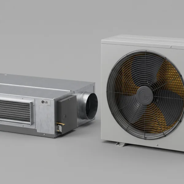LG 3HP Ceiling Concealed Ducted indoor air handler unit beside outdoor condenser unit with Gold Fin coil on a neutral background