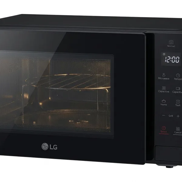 LG NeoChef MH6535GIK 25L Grill Microwave Oven in black, shown centrally on a clean white studio background.
