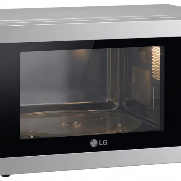 The generated product image shows the front and three-quarter view of the LG NeoChef MH8265CIS 42-liter grill microwave oven in polished stainless silver with a glossy black glass door and illuminated touch controls.