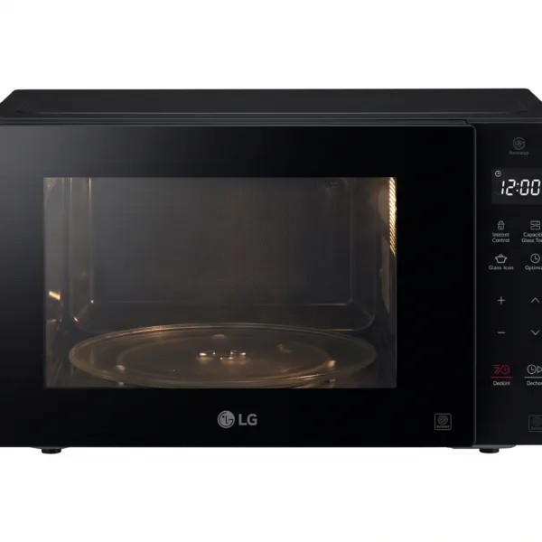 An e-commerce product photograph showing the black LG NeoChef MS2535 25L solo microwave oven, freestanding centrally on a clean white background.