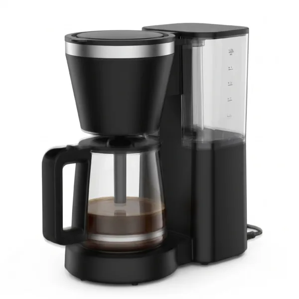 MAXI 1.25L drip coffee maker MAXICM1202A2E with glass carafe, clear water reservoir, and black finish on a clean white background.