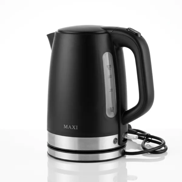 MAXI 1.5L matte black electric kettle with stainless steel base accent, transparent water gauge, and 360-degree cordless swivel base on a clean white background.