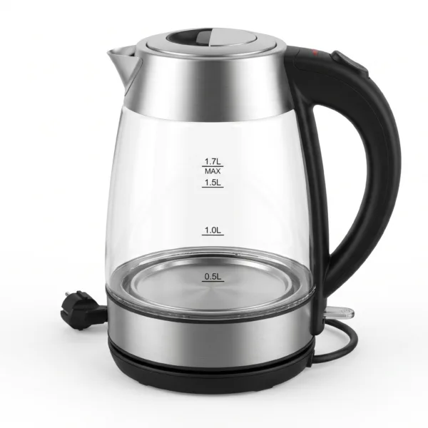 A professional e-commerce studio photograph showing the MAXIKT17G03A2 cordless electric glass kettle from the MAXI brand, positioned centrally on its $360^\circ$ power base on a clean white background.