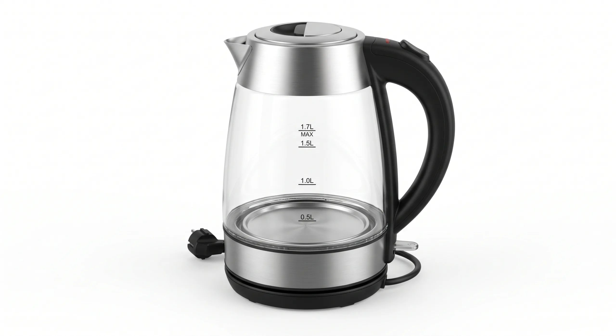 MAXI 1.7L Cordless Electric Glass Kettle – Stainless Steel Accents, Auto-Shutoff A professional e-commerce studio photograph showing the MAXIKT17G03A2 cordless electric glass kettle from the MAXI brand, positioned centrally on its $360^\circ$ power base on a clean white background.