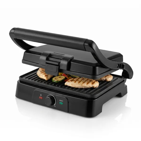 MAXI 1100PR electric contact grill in matte black with non-stick ribbed plates, cool-touch handle, and indicator lights on a clean white background.
