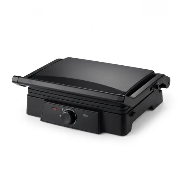 MAXI MC4025B2 2000W black electric contact grill with rotary knob temperature control, cool-touch handle, and non-stick plates on a clean white background.