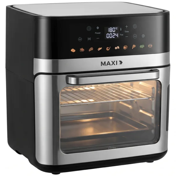 Black and stainless steel MAXI AF120H2CY 12L multi-function digital air fryer oven with transparent glass window and illuminated rack interior on a pure white background.