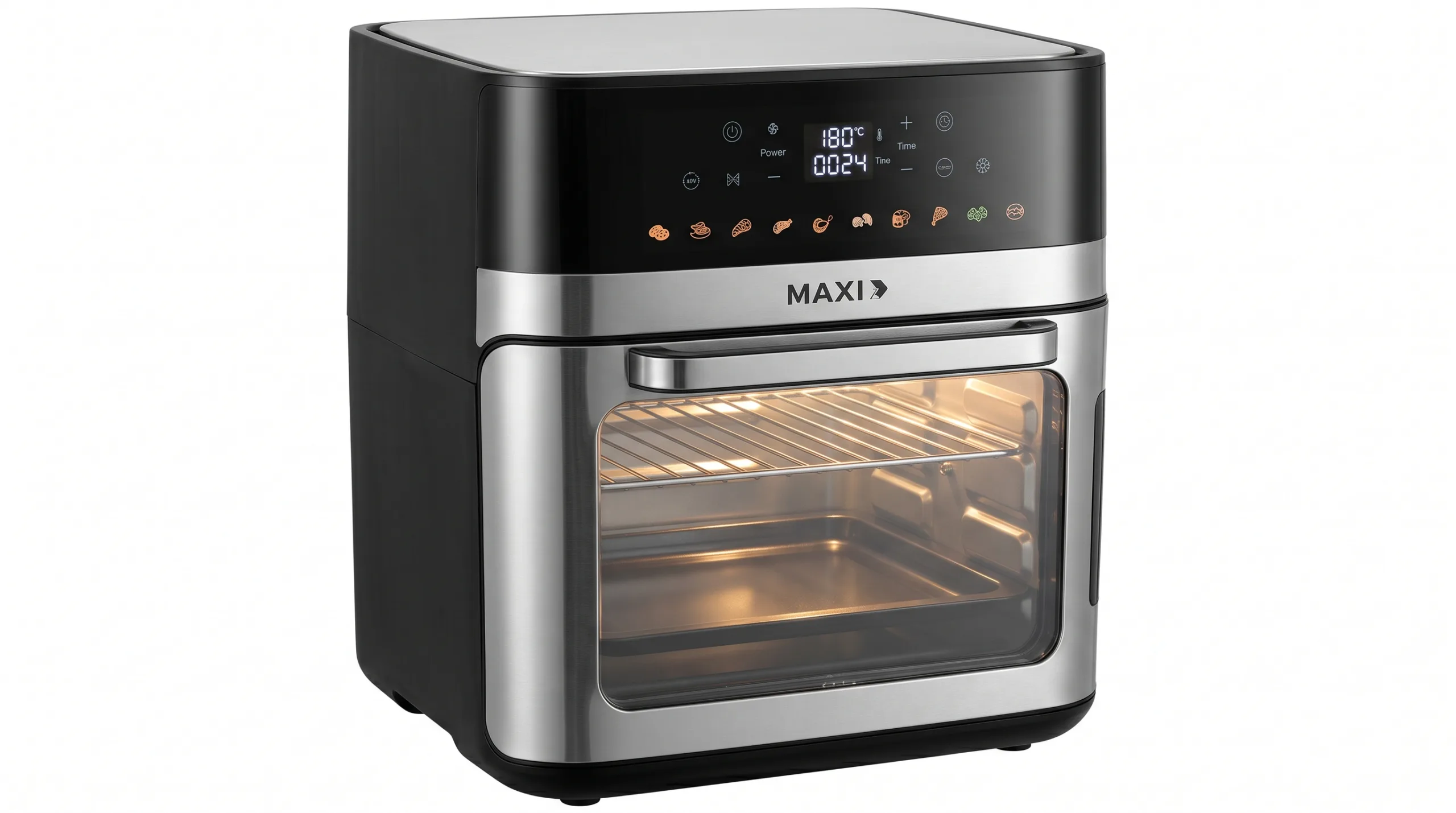 MAXI AF120H2CY 12L Digital Air Fryer Oven – 2000W–2300W Black and stainless steel MAXI AF120H2CY 12L multi-function digital air fryer oven with transparent glass window and illuminated rack interior on a pure white background.