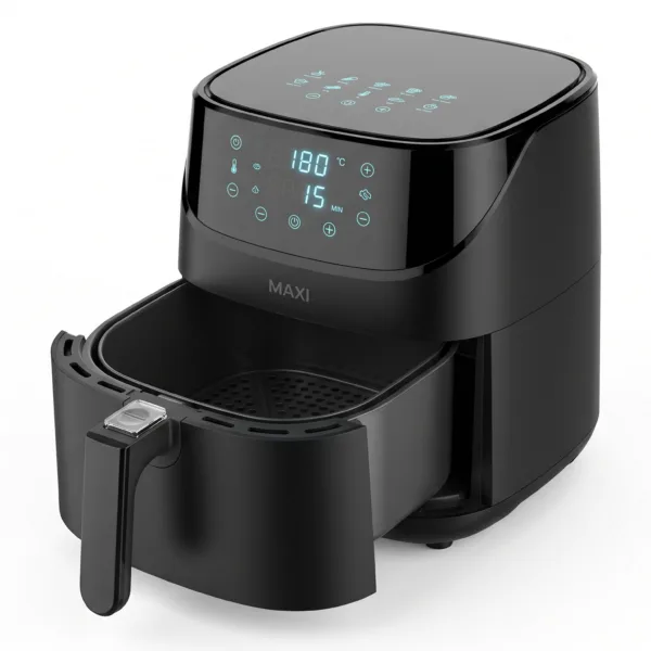 Glossy black MAXI AF50C2TN 5L digital air fryer with blue LED touch display and open frying drawer on a white studio background.