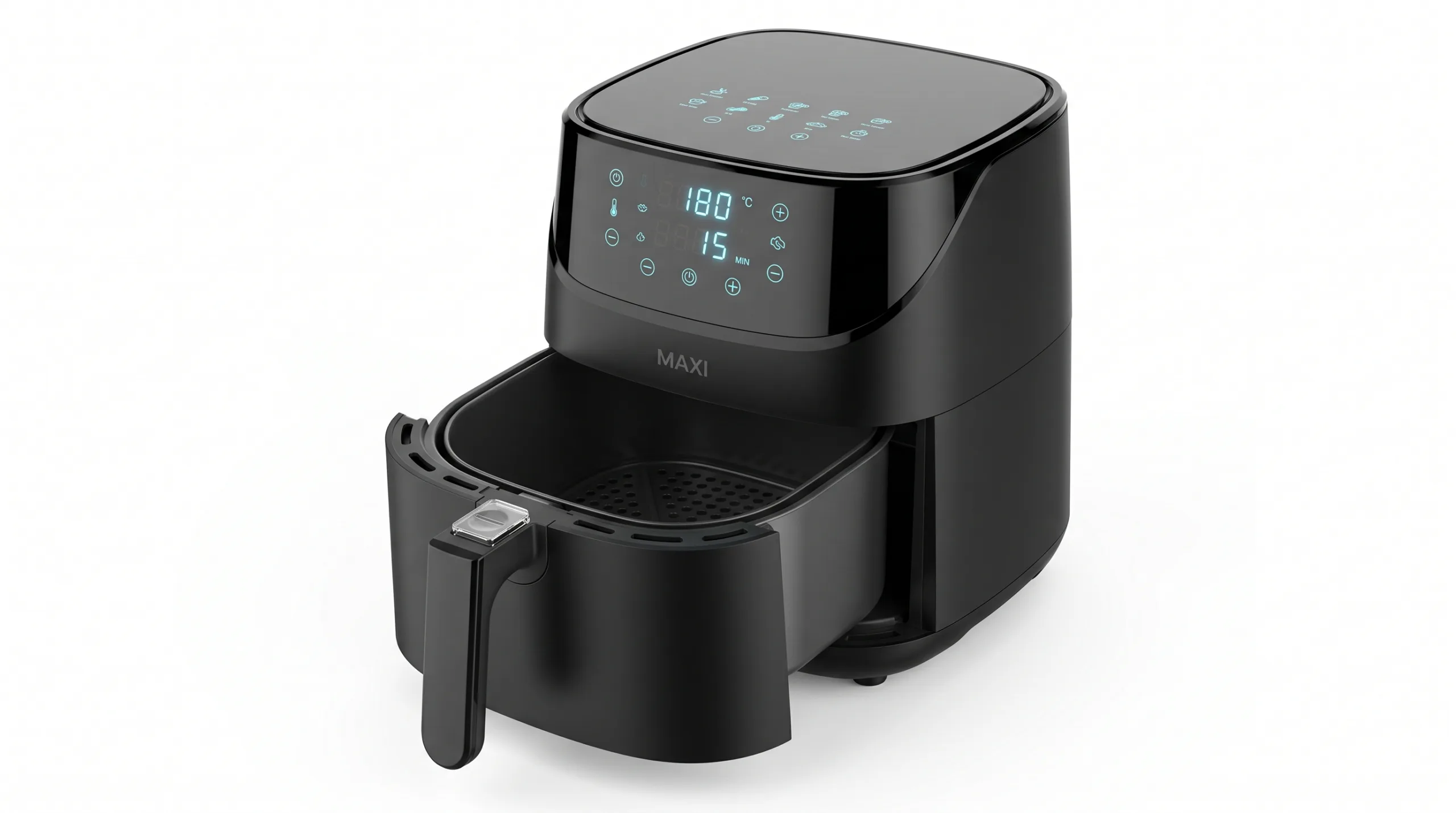 MAXI AF50C2TN 5L Digital Air Fryer Glossy black MAXI AF50C2TN 5L digital air fryer with blue LED touch display and open frying drawer on a white studio background.