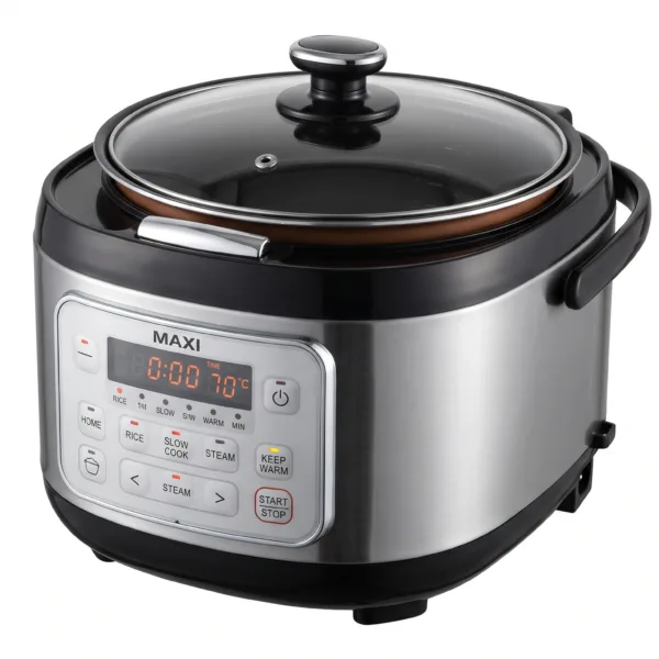 Stainless steel MAXI CK508J-S multi-function electric rice cooker with front digital control panel and clear glass lid on a neutral white background.