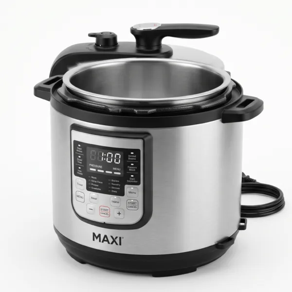 MAXI CK6929WPB 6L stainless steel electric pressure cooker with digital display and open lid studio view