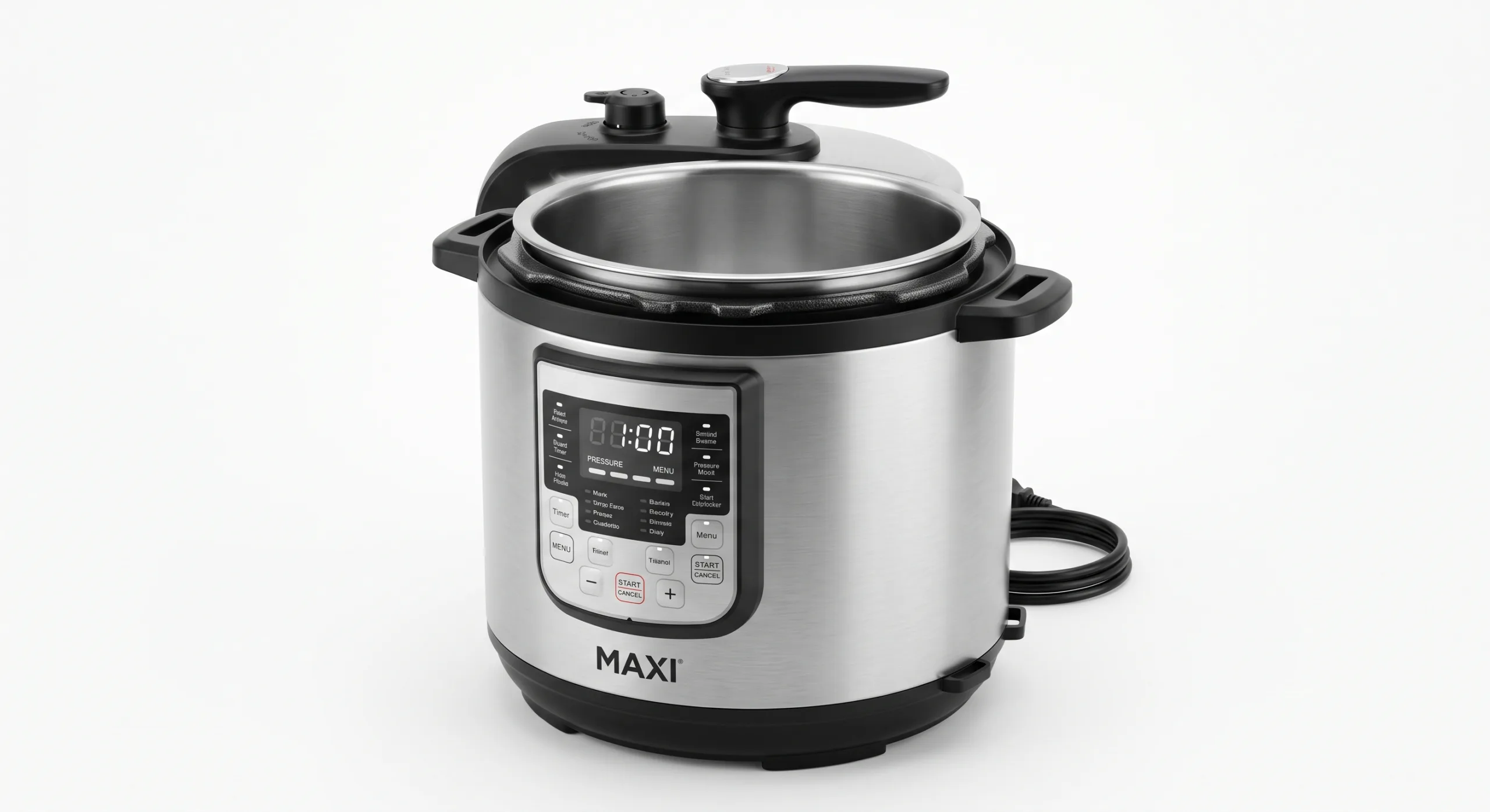 MAXI CK6929WPB Electric Pressure Cooker – 6L, 1000W (2) MAXI CK6929WPB 6L stainless steel electric pressure cooker with digital display and open lid studio view