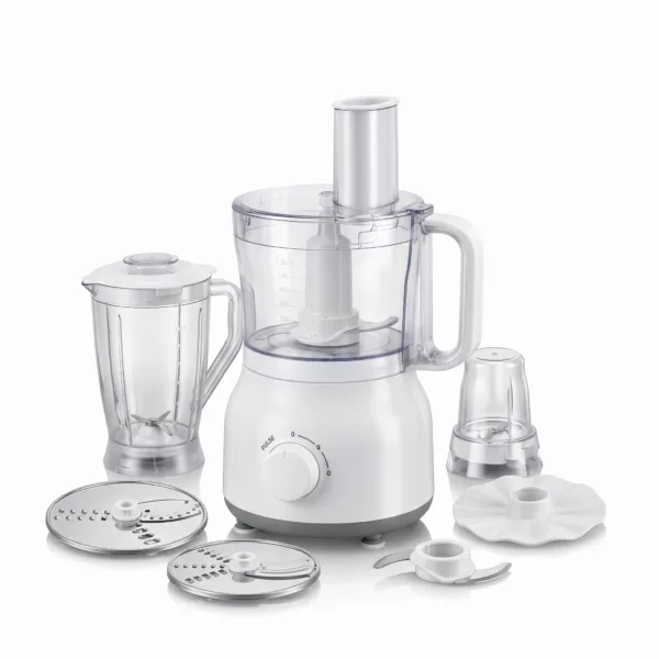 MAXI MJ-FP60D1 800W white multi-function food processor with 1.5L bowl, blender jar, grinder mill, and slicing attachments on a clean white background.