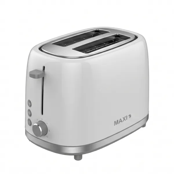 White MAXI MT-RP2L22 2-slice electric bread toaster with 7-level browning control dial and high-lift lever on a clean white background.