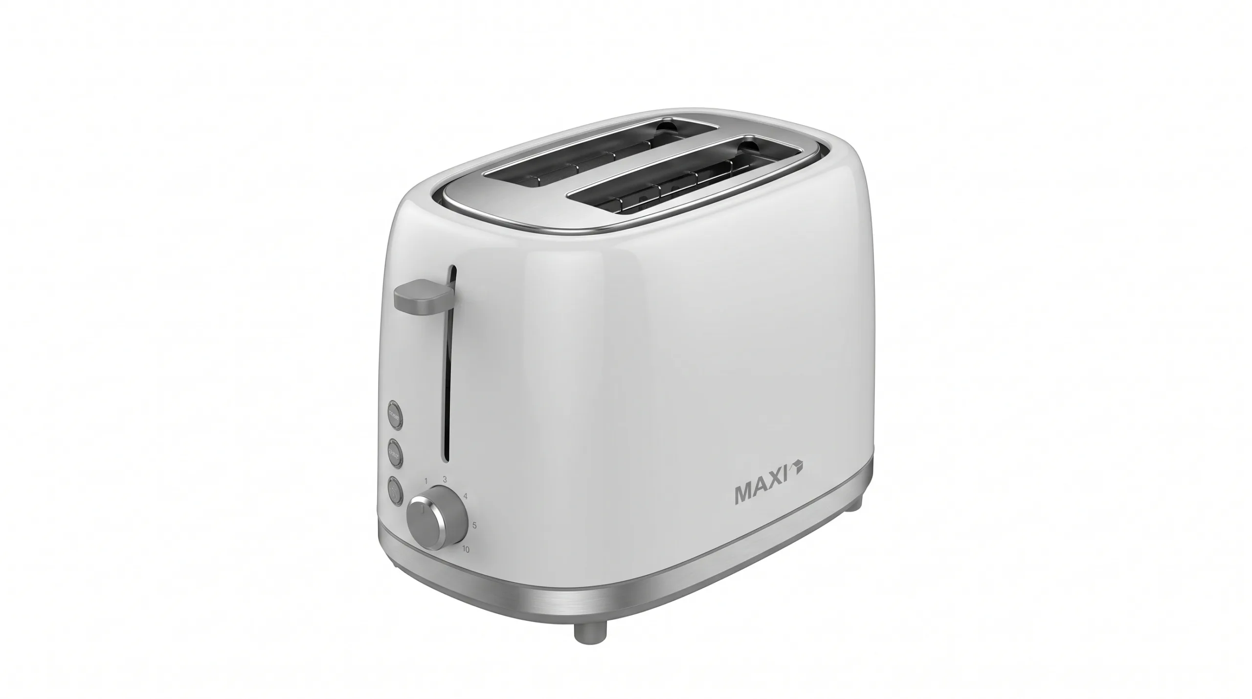 MAXI MT-RP2L22 2-Slice Bread Toaster – 800W–950W White MAXI MT-RP2L22 2-slice electric bread toaster with 7-level browning control dial and high-lift lever on a clean white background.