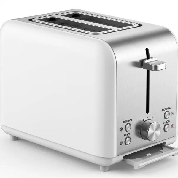 White and brushed-metal MAXI TOA2L17W2 2-slice electric bread toaster with front browning dial, control buttons, and open slide-out crumb tray on a neutral background.