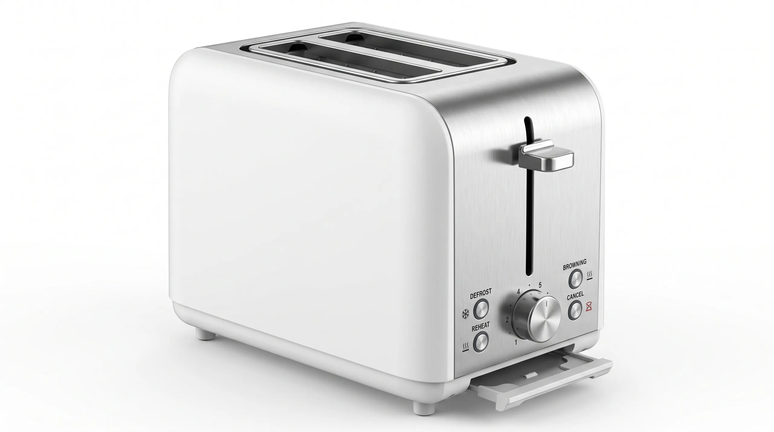 MAXI TOA2L17W2 2-Slice Electric Bread Toaster White and brushed-metal MAXI TOA2L17W2 2-slice electric bread toaster with front browning dial, control buttons, and open slide-out crumb tray on a neutral background.
