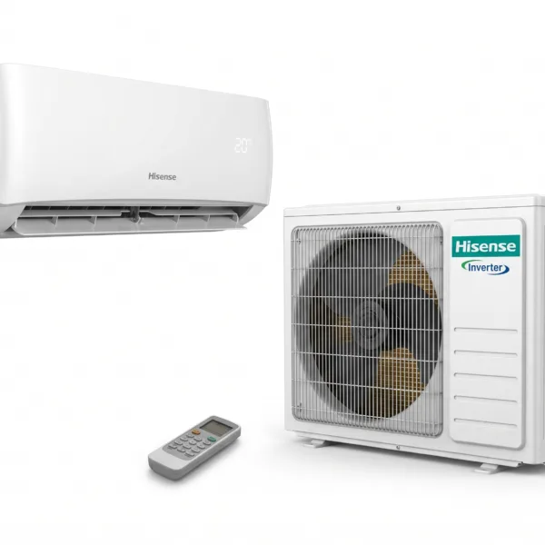 Hisense 1.0 HP wall-mounted split inverter air conditioner indoor unit, outdoor copper condenser unit, and wireless remote controller.