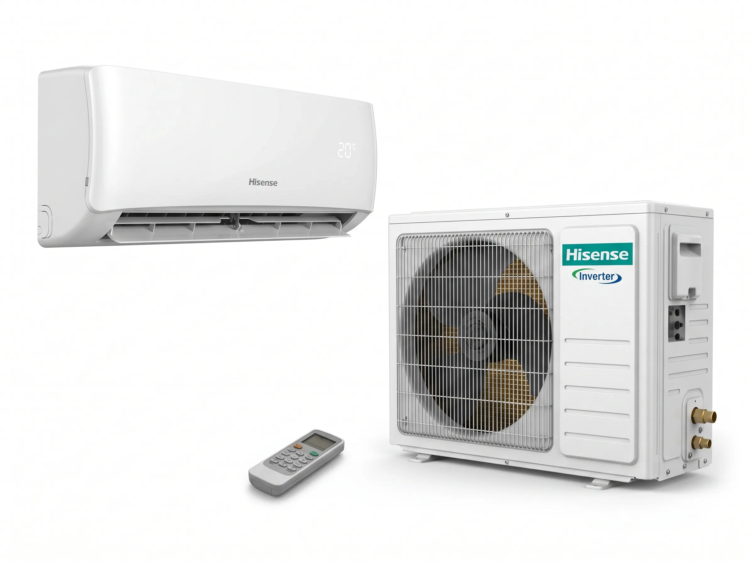 Hisense 1.0 HP Split Inverter Air Conditioner Hisense 1.0 HP wall-mounted split inverter air conditioner indoor unit, outdoor copper condenser unit, and wireless remote controller.