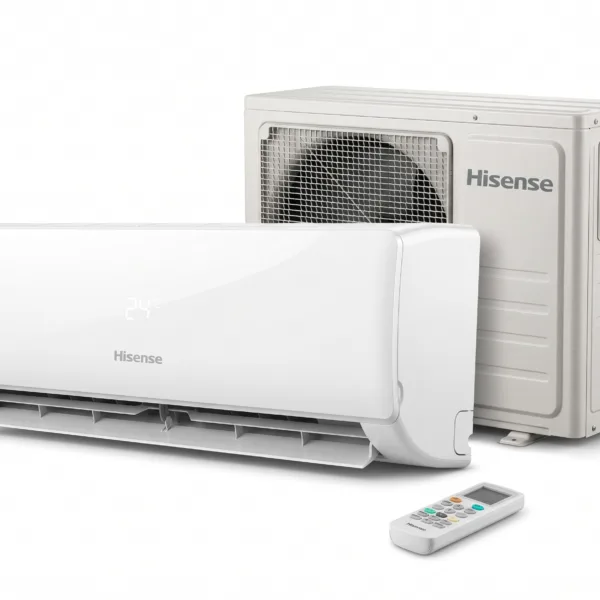 Hisense 1 HP Split Air Conditioner (SPL 1.0HP Copper-TG) against a neutral white background, featuring the sleek indoor wall unit displaying 24°C on its digital interface, the durable outdoor condenser unit with its front protective grille and brass connections, and its compact white wireless remote control.