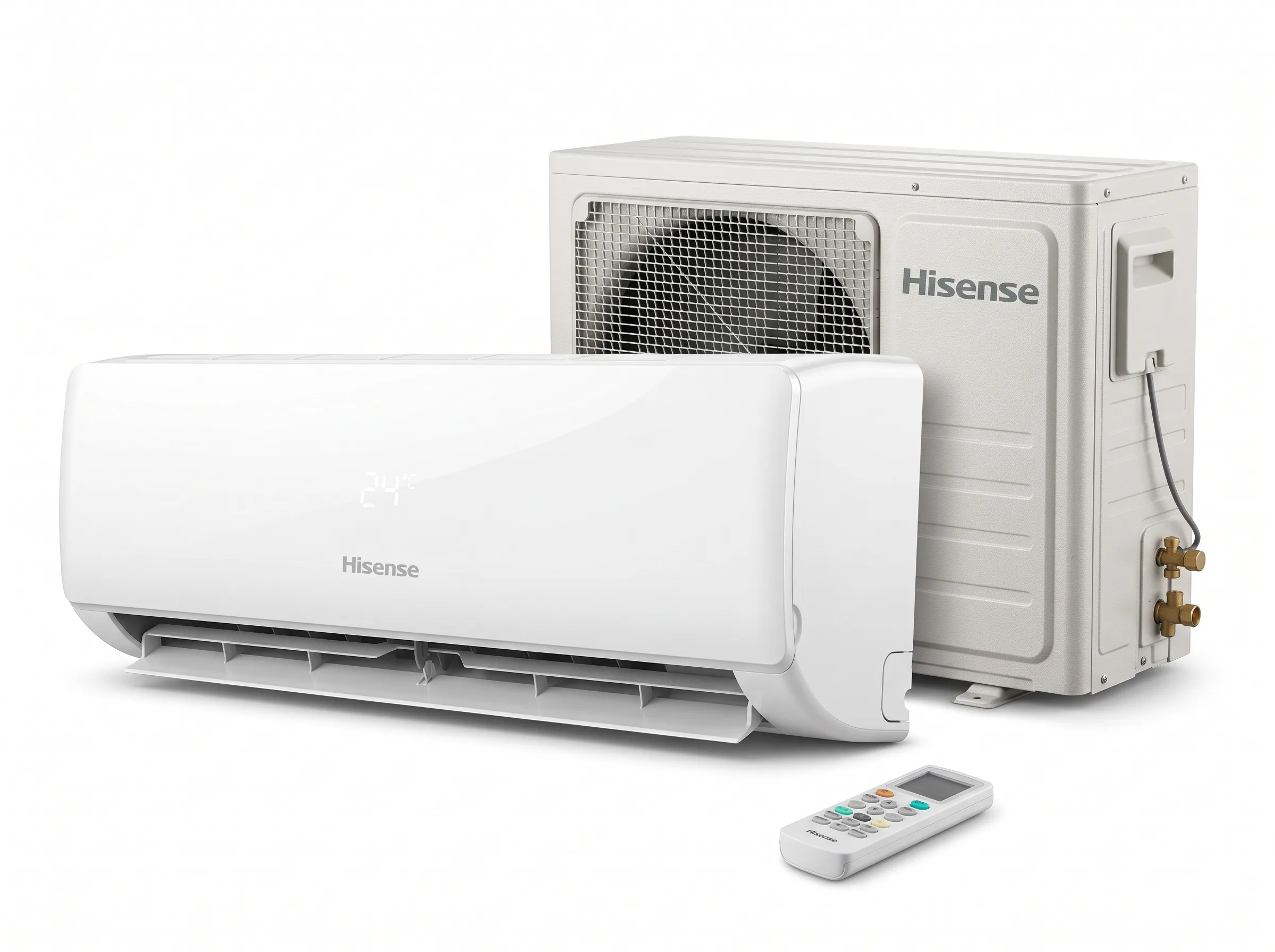 Hisense 1HP SPL Copper-TG Split Air Conditioner (AS09TG1) Hisense 1 HP Split Air Conditioner (SPL 1.0HP Copper-TG) against a neutral white background, featuring the sleek indoor wall unit displaying 24°C on its digital interface, the durable outdoor condenser unit with its front protective grille and brass connections, and its compact white wireless remote control.