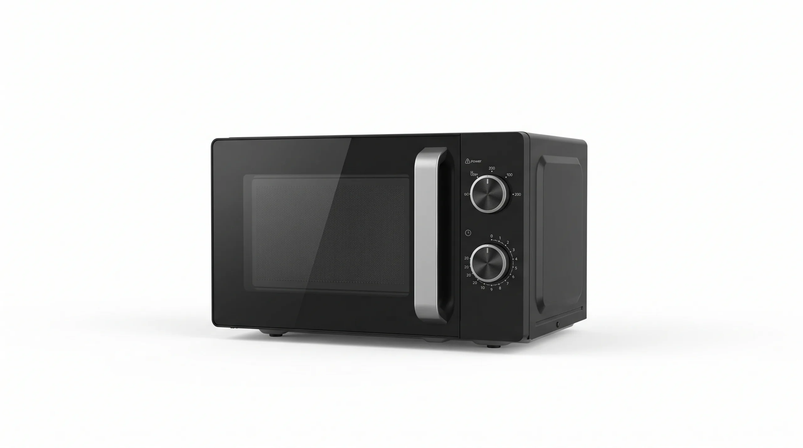 Hisense 20L Solo Manual Microwave - Black, H20MOBS14-H, 700W Hisense 20L manual solo microwave, model H20MOBS14-H, in black with mechanical dials, on a pure white background