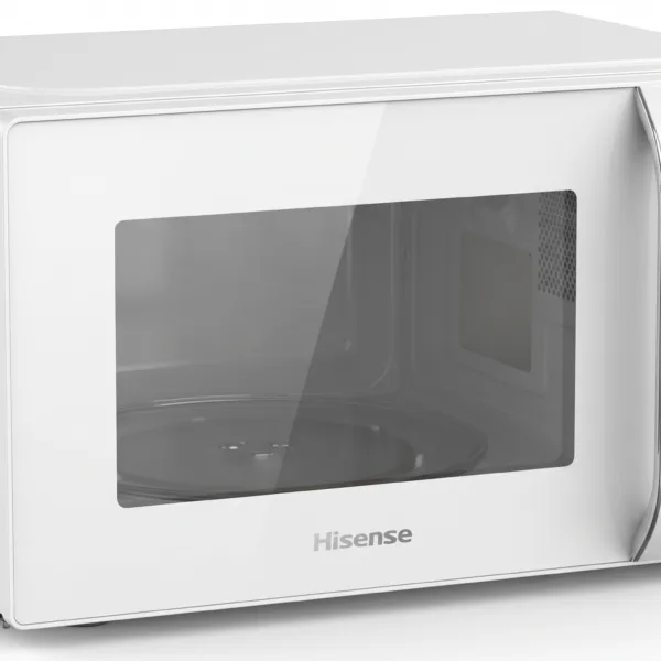 Hisense 20L manual solo microwave, model H20MOWS10-H, in white with mechanical dials and a push-button door, on a pure white background