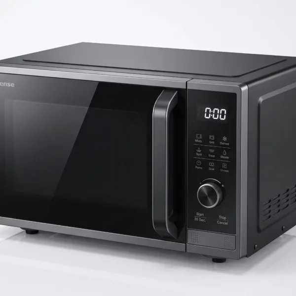 Front three-quarter view of a black Hisense 42L grill microwave oven with digital LED display and handle on a clean studio background.