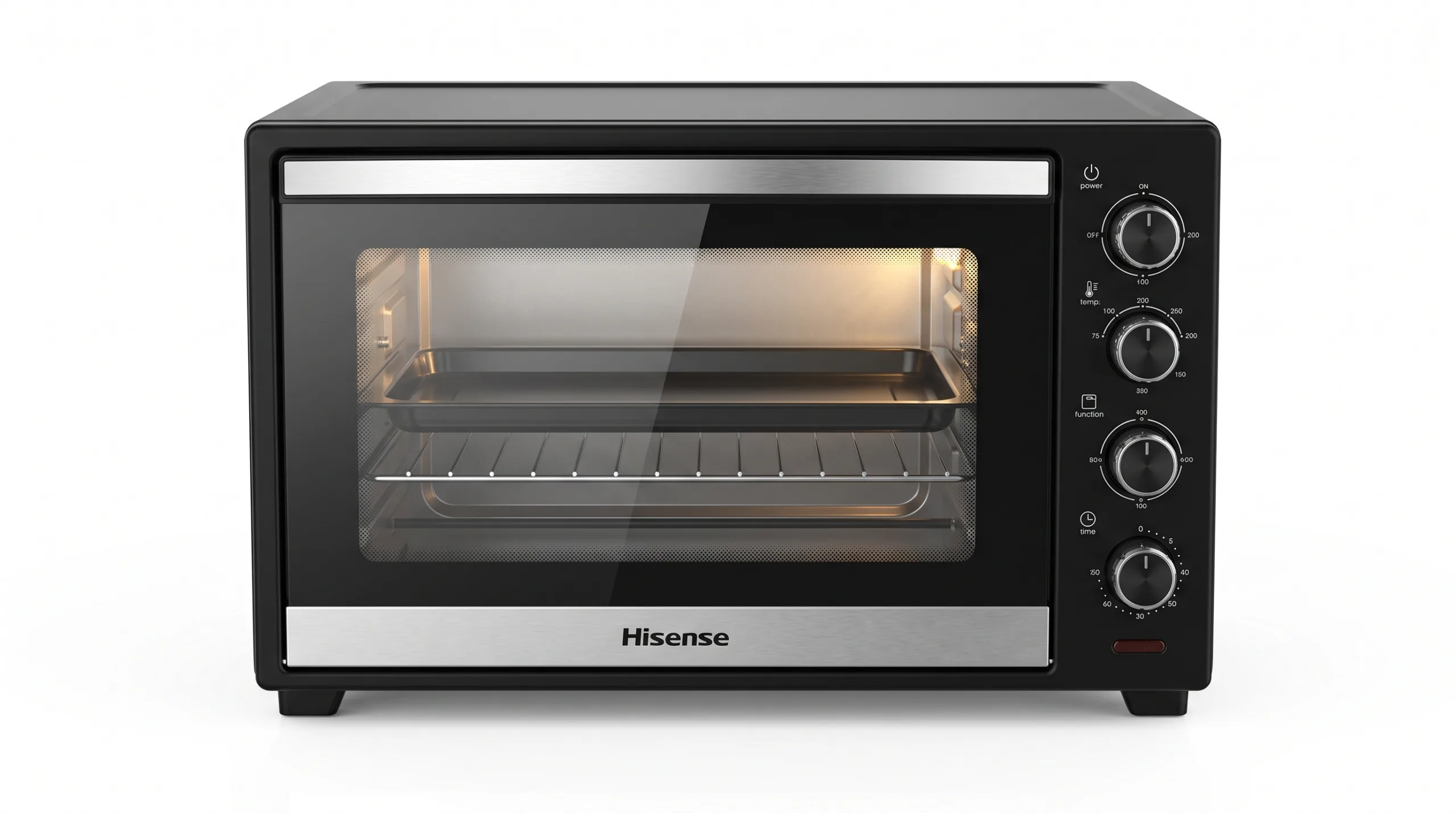 Hisense 48L XL Solo Toaster Oven - BlackSilve Hisense 48L solo toaster oven, model H48TOSS20S3, in black and silver with mechanical dials, inner light, and included baking tray and wire rack, on a pure white background