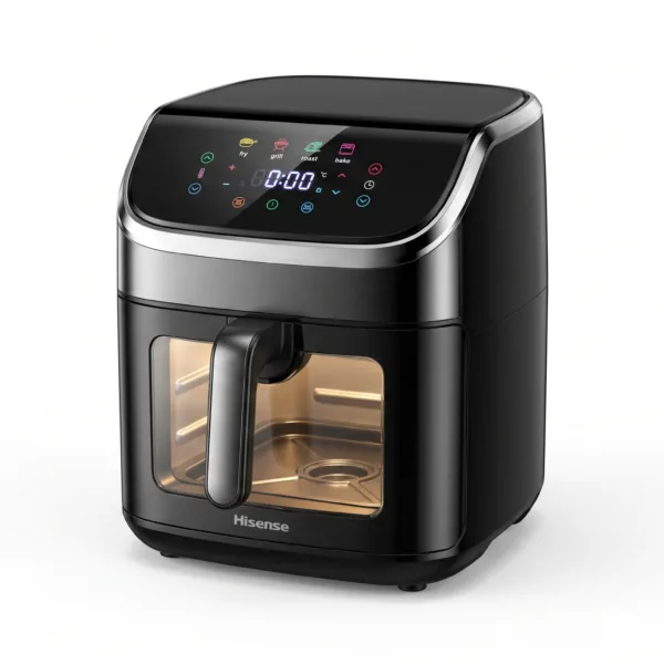Hisense 5L air fryer (HISAF05AFBK1S3) with visible cooking window and colorful digital touch display, on a plain white background.