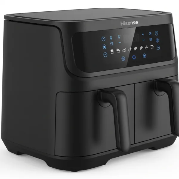 Hisense 6.3L dual basket air fryer, model HISAF06BK1S3, in matte black with digital LCD touch screen and dual handles on a pure white background.